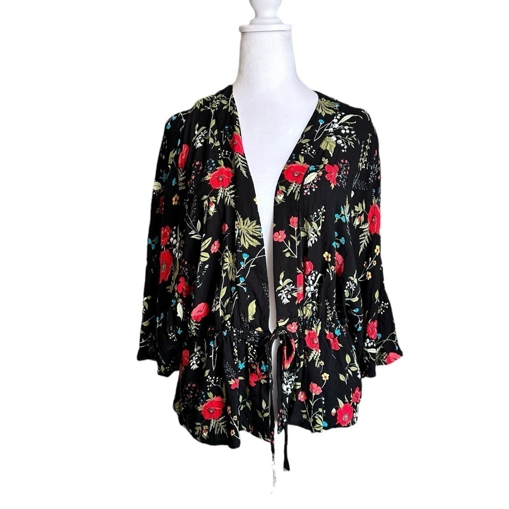 EXPRESS BLACK FLORAL CRINKLE GAUZE CINCH DRAWSTRING OPEN FRONT KIMONO TOP M